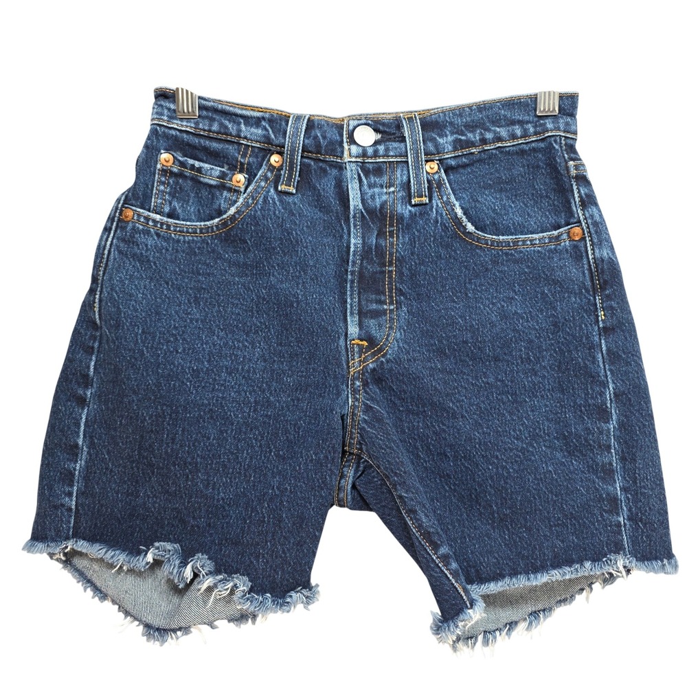 Levis Premium 501 Button Fly High Rise Cut Off Denim Shorts Dark Wash Blue 25